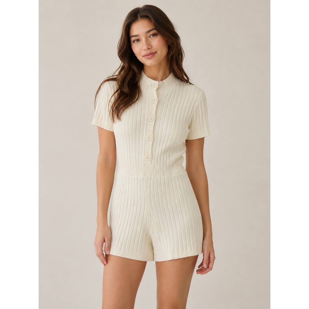 VICI Cream Ribbed Fitted Minimalist Timeless Casual Soft Knit Romper Size M